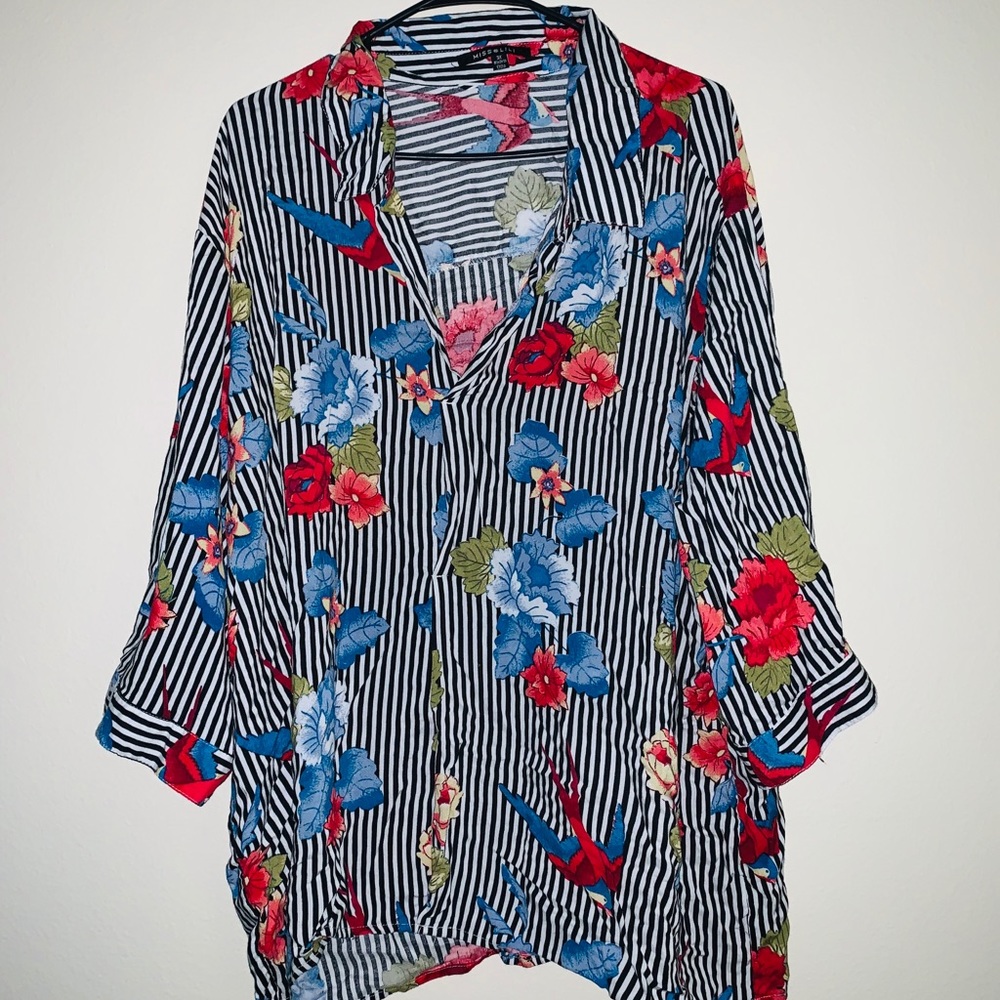 Black and white floral stripe blouse